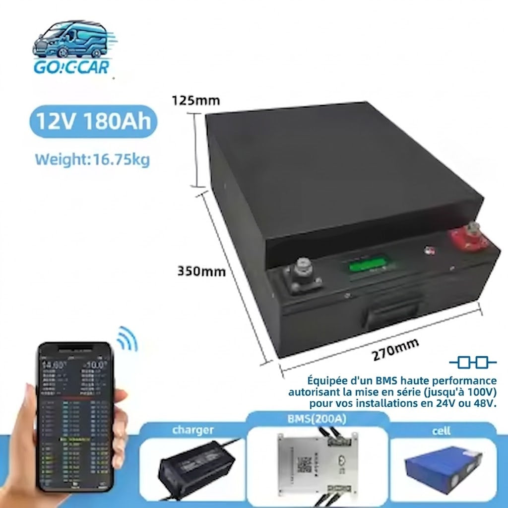 Batterie LiFePO4 Betty.HHPOWER 180 – Édition Spéciale ultra plate – 12V 180Ah Réels – Ultra-Plate (12,5 cm) Idéale pour embases pivotantes de Van.
