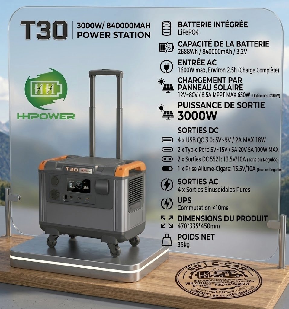 Générateur Solaire 3kWh T30 HHPOWER – Autonomie Totale pour Maison & Tiny House– 3000W / 3072Wh LiFePO4