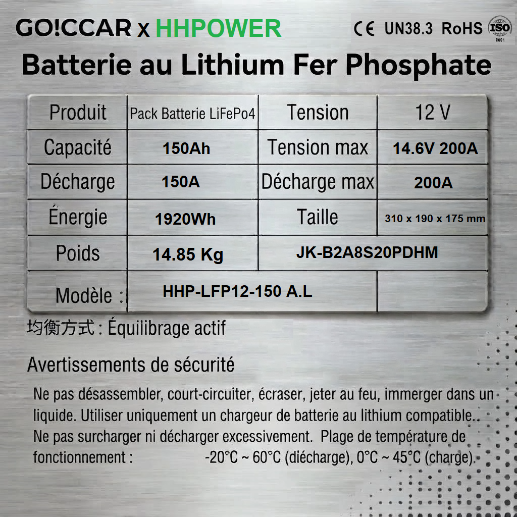 Batterie LiFePO4 12V 150Ah – HHPOWER 310  : "Batterie 150Ah Lithium Compacte – Format L3 Idéal Sous-Siège Van"