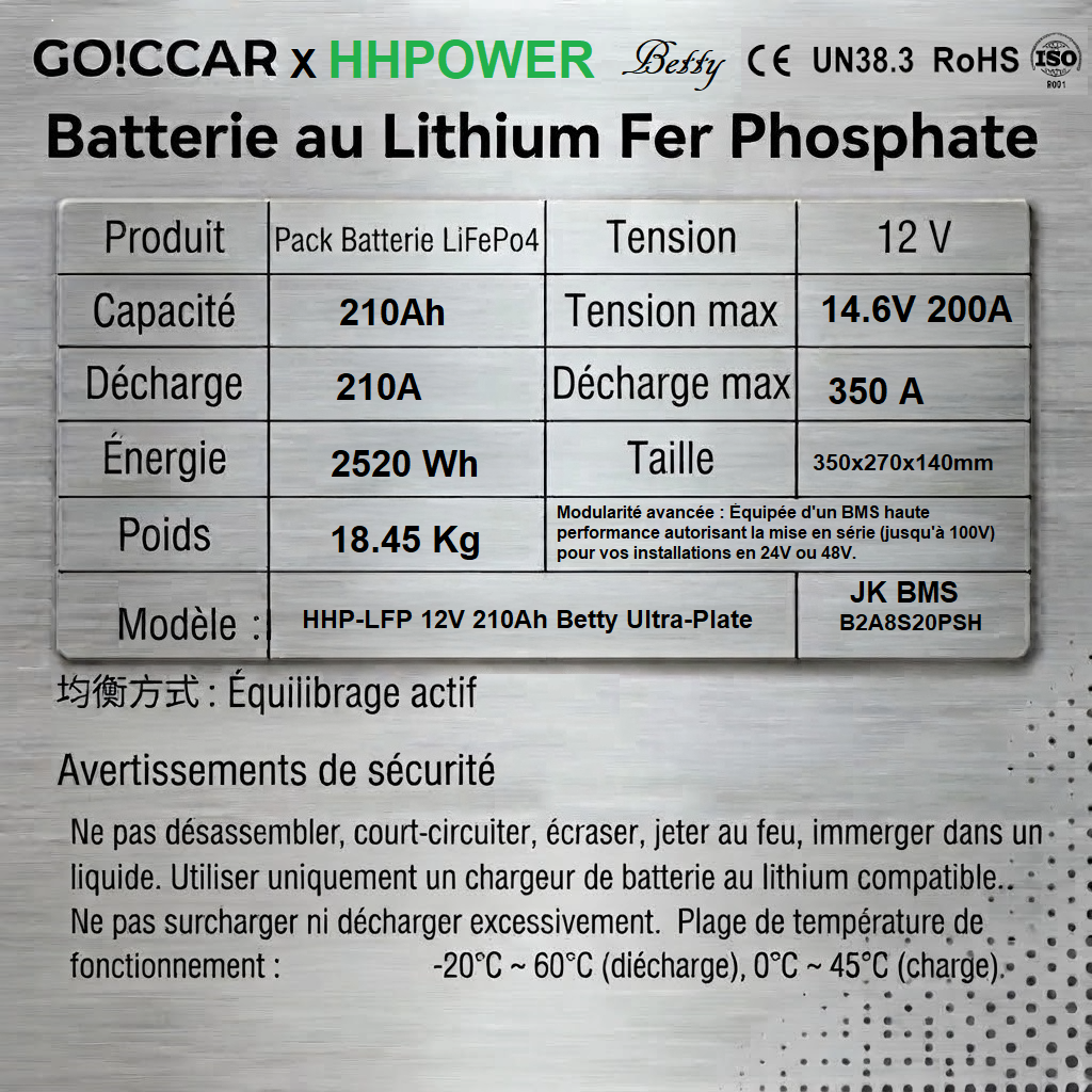 Batterie LiFePO4 Betty. HHPOWER 12V 210 Ah – Édition Spéciale Ultra Plate - Sécurité Totale & Compacité Extrême -Winter Proof – Chauffage BMS pour Conditions Extrêmes