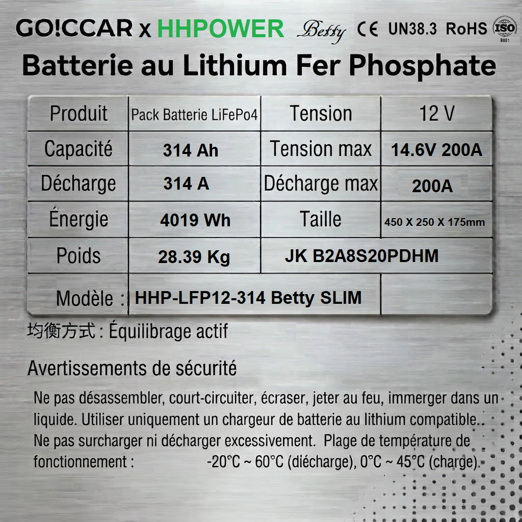 Betty.HHPOWER Slim LiFePO4 314Ah Sécurisée - Extincteur Automatique Intégré